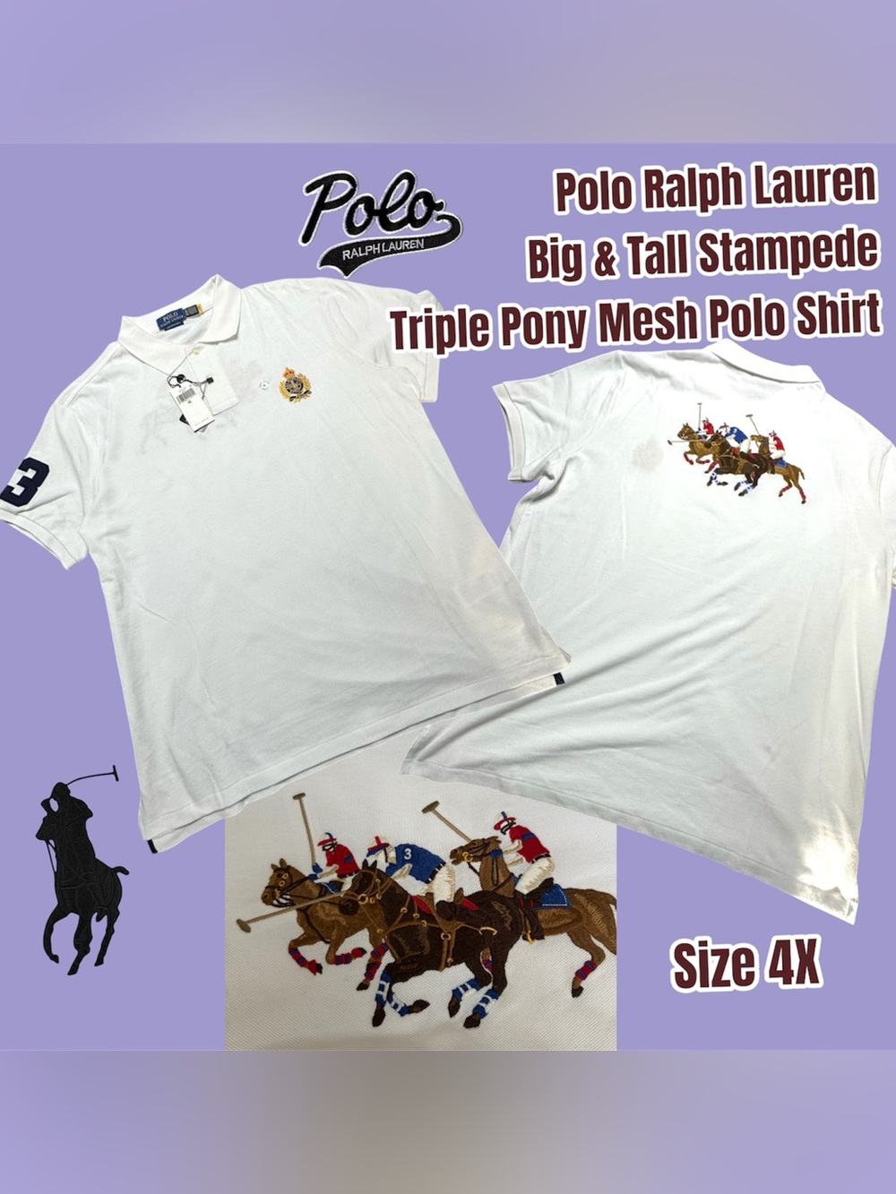 Polo Ralph Lauren Big & Tall Stampede Triple Pony Mesh Polo Shirt, 4XB (White)